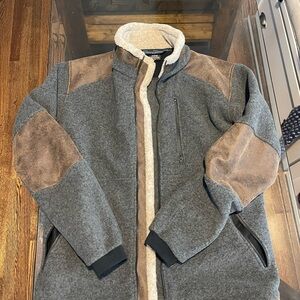 Kuhl Men's Zip Up Sweater in Gray and Brown with Leather Elbow patch